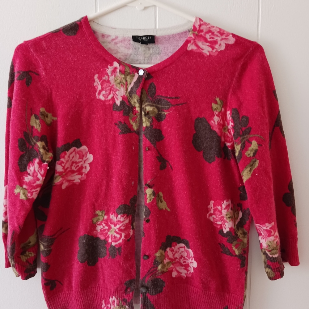 Talbots Red Floral Angora Cardigan